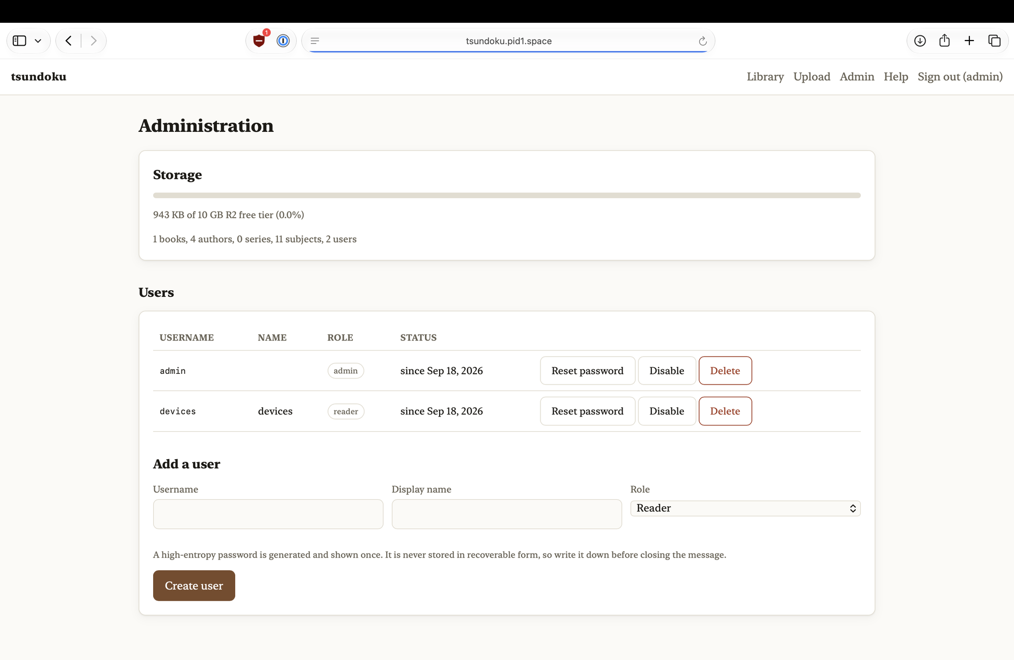The administration view: storage used against the R2 free tier, the user list, and the form for adding a user.