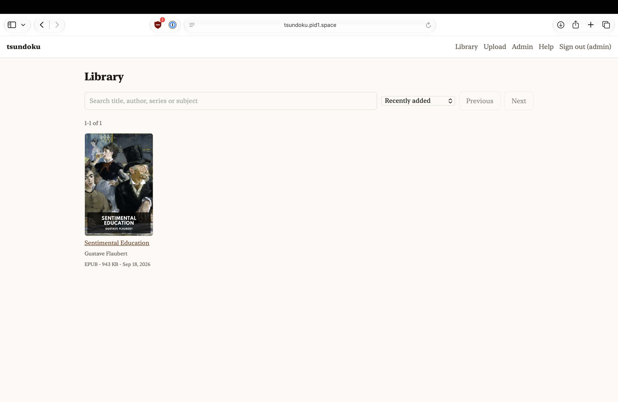 The library view: a grid of book covers with search, sorting and paging.